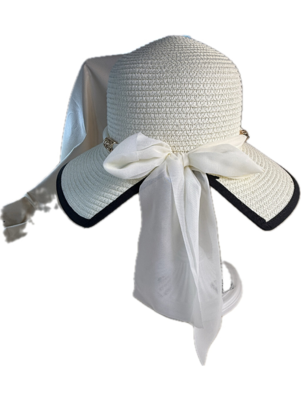 L.L.K Women’s Wide Brim Sun Hat Ivory Black Bow Gold Accent Floppy Straw Hat
